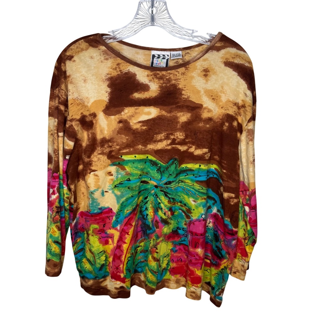 Take Two Clothing Co. Tropical Palm Tree Print Long‎ Sleeve Top 1X Women's